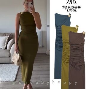 Zara One Shoulder Dress in Olive, Blue, and Brown